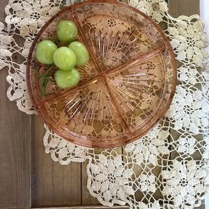 Vintage Pink Depression Glass Divided Relish Dish Sunburst Serving Nut Candy
